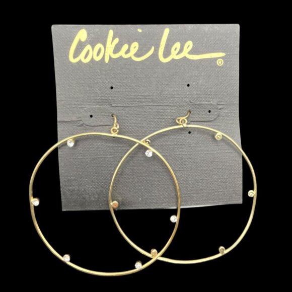 Vintage Cookie Lee Earrings Gold Tone‎ Hoop Embedded Clear Crystals NEW - Picture 1 of 5